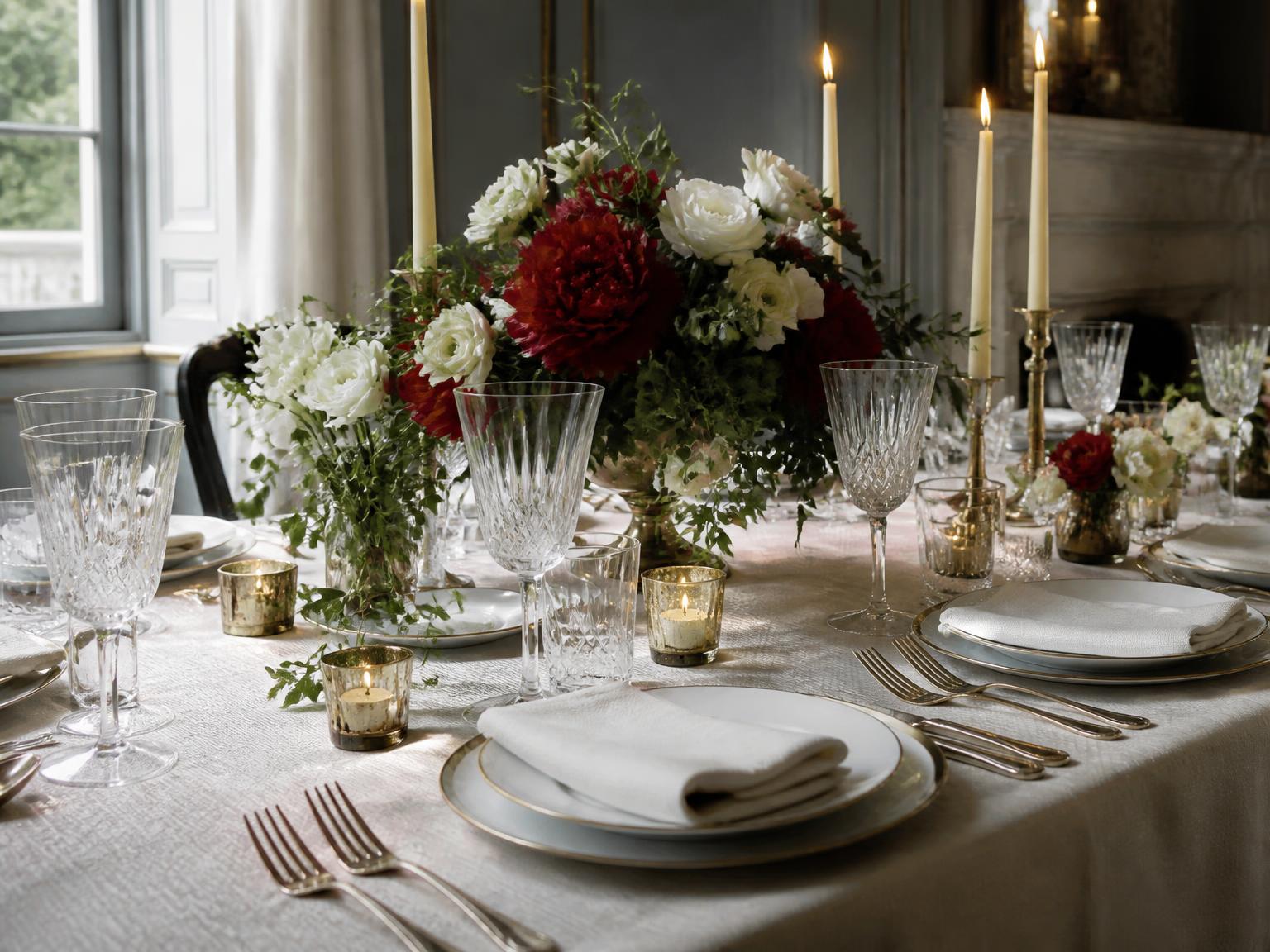 Table de réception décorée de fleurs fraîches, bougies, porcelaine et cristal