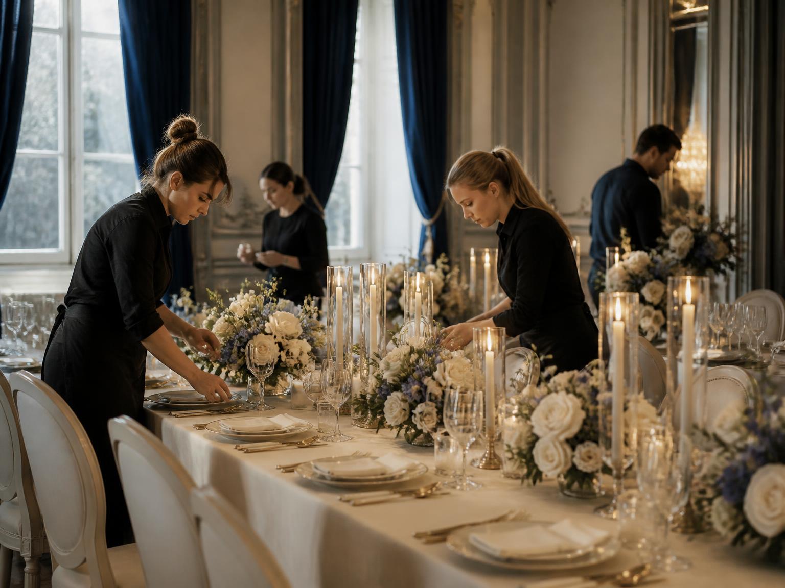 Équipe installant fleurs, bougies et arts de la table avant une réception