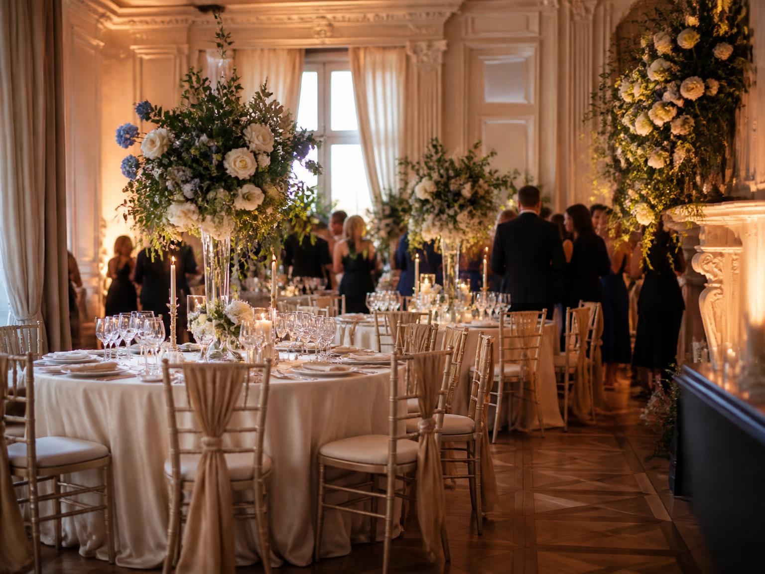 Salle de réception haut de gamme mise en scène avec fleurs, bougies et tables dressées