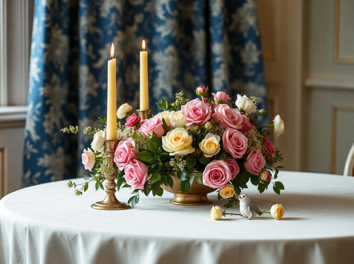 Composition florale et bougies préparées pour une réception intimiste